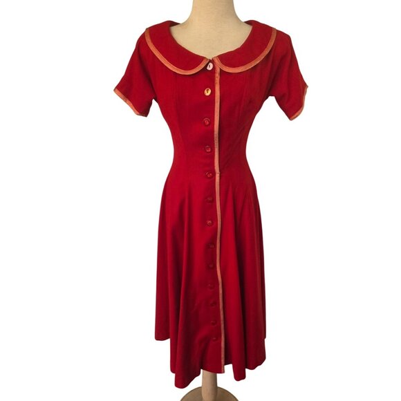 Vintage 50s Joan Miller Juniors Red Wool Dress Sz S Button Front Peach Trim - Picture 1 of 7